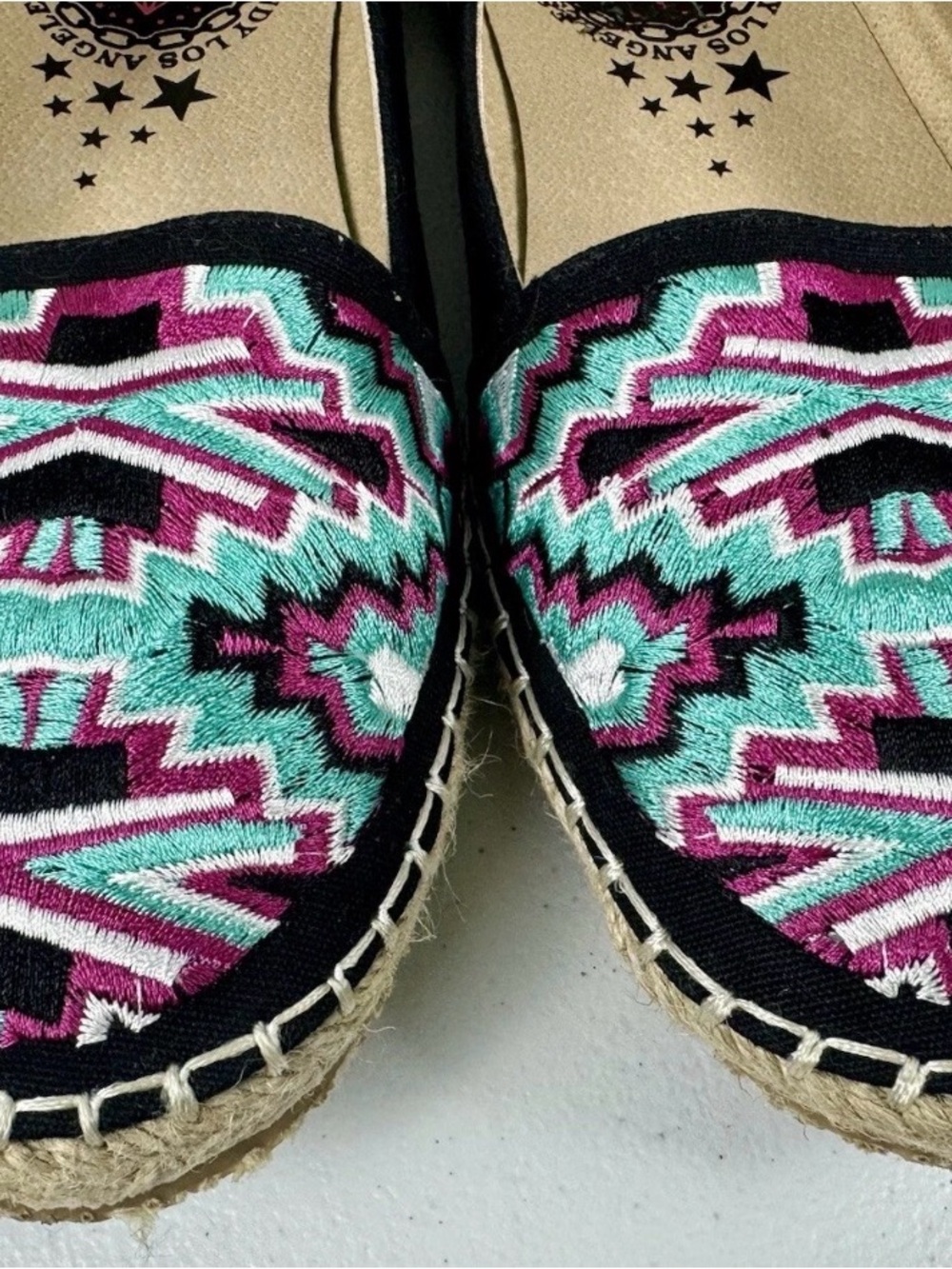 Rock & Candy Black Espadrille Slip-Ons with Pink & Teal Embroidered Pattern - Picture 9 of 9